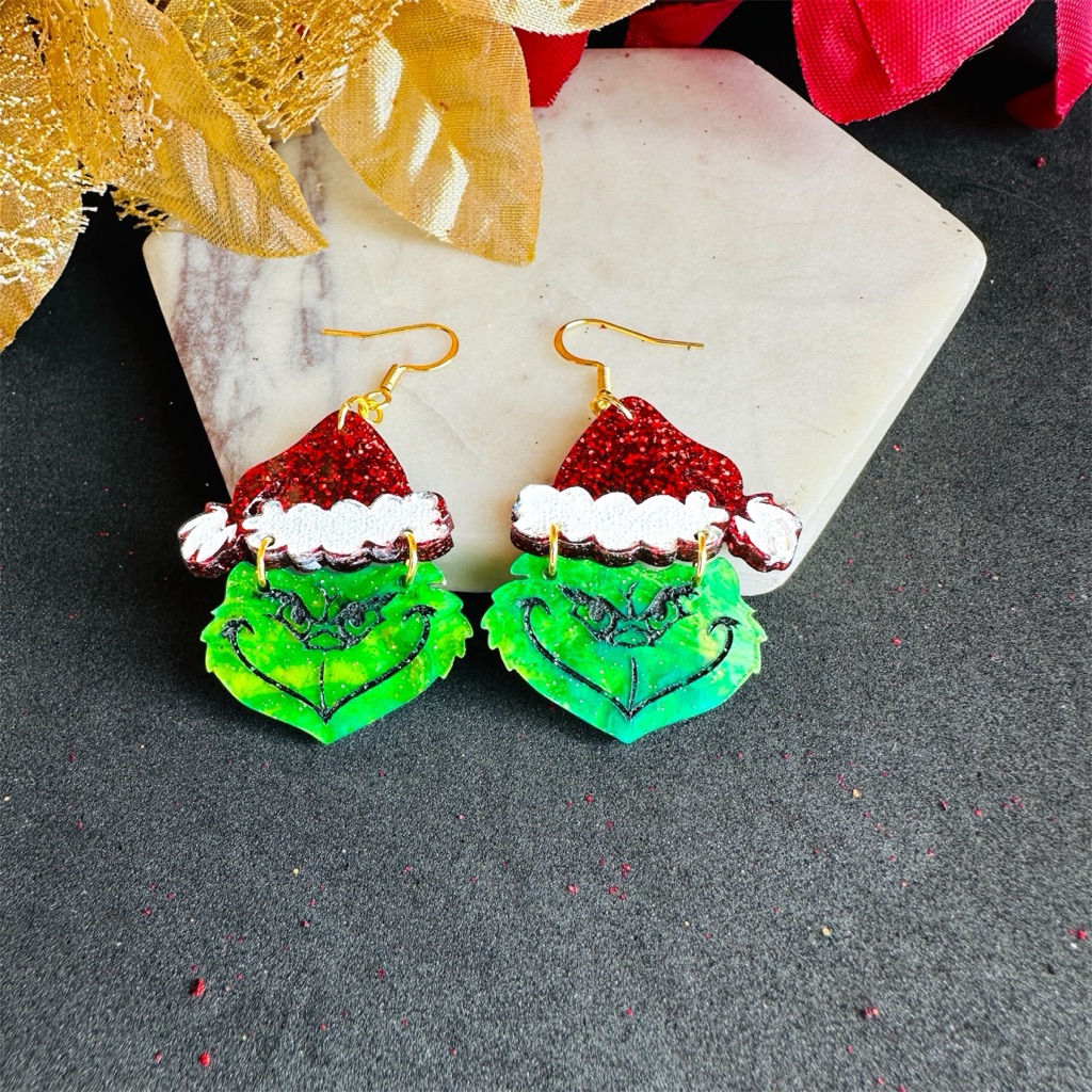 Grinch Earrings With Santa Hat Glitter Festive Holiday Jewelry 20$